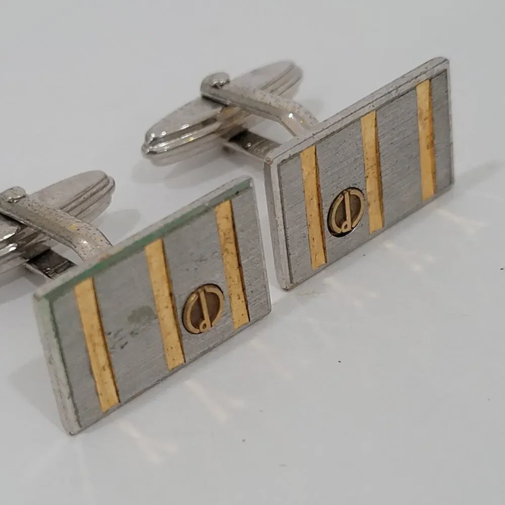 Dunhill D Cufflinks Silver Gold Tone Logo Rectangle Designer Logo Vintage Stripe
